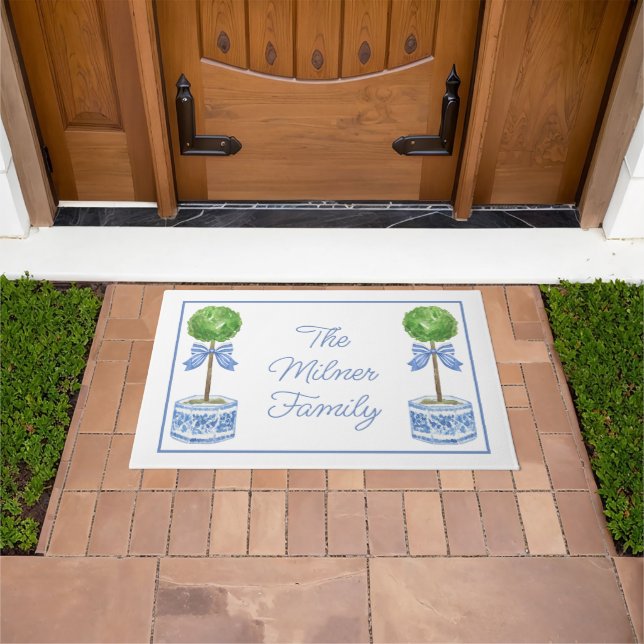 Watercolor Chinoiserie Blue Bow Topiary Doormat (Outdoor)