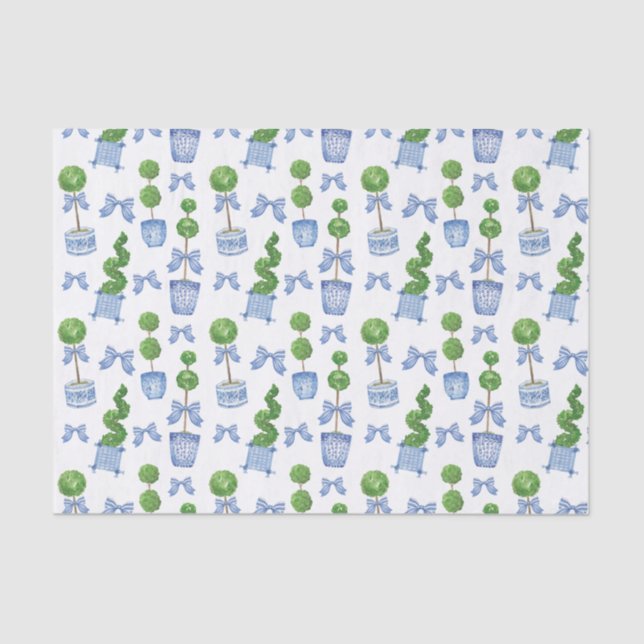 Watercolor Chinoiserie Blue Bow Topiary Tissue Paper (Front)