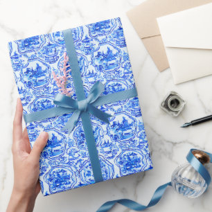 Watercolor Chinoiserie Blue Pagodas Wrapping Paper