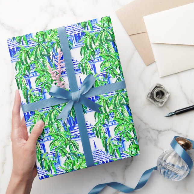 Watercolor Chinoiserie Blue Pagodas Wrapping Paper (Gifting)