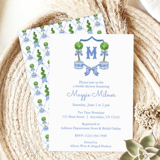 Watercolor Chinoiserie Blue Topiary Monogram Crest Invitation (Creator Uploaded)