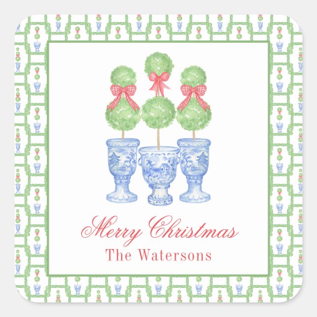 Watercolor Chinoiserie Christmas Bow Topiary Gift Square Sticker (Front)