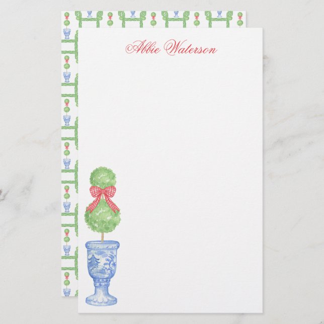 Watercolor Chinoiserie Christmas Bow Topiary Stationery (Front/Back)