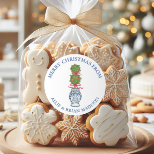 Watercolor Chinoiserie Christmas Red Bow Topiary Classic Round Sticker