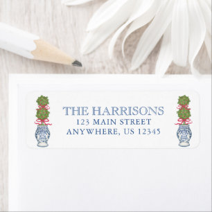 Watercolor Chinoiserie Christmas Red Bow Topiary Return Address Label