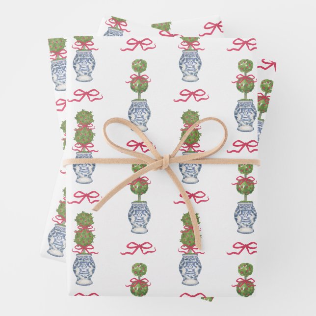 Watercolor Chinoiserie Christmas Red Bow Topiary Wrapping Paper Sheet (In situ)