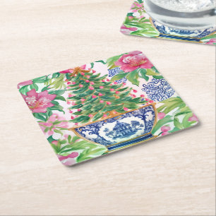 Watercolor Chinoiserie Christmas Tree Square Paper Coaster