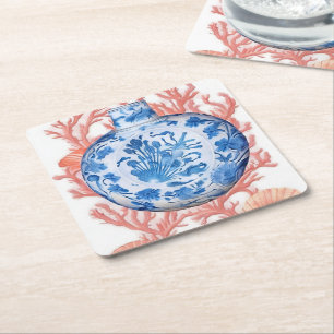 Watercolor Chinoiserie Ginger Jar and Coral Square Paper Coaster
