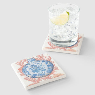 Watercolor Chinoiserie Ginger Jar and Coral Stone Coaster