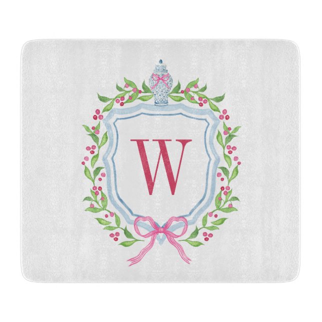 Watercolor Chinoiserie Ginger Jar Monogram Crest Cutting Board (Front)