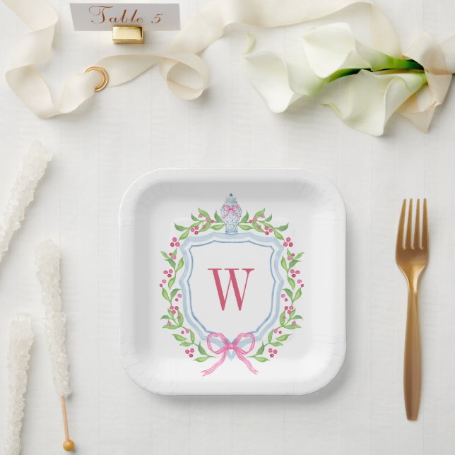 Watercolor Chinoiserie Ginger Jar Monogram Crest Paper Plate (Wedding)