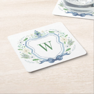 Watercolor Chinoiserie Ginger Jar Monogram Crest Square Paper Coaster