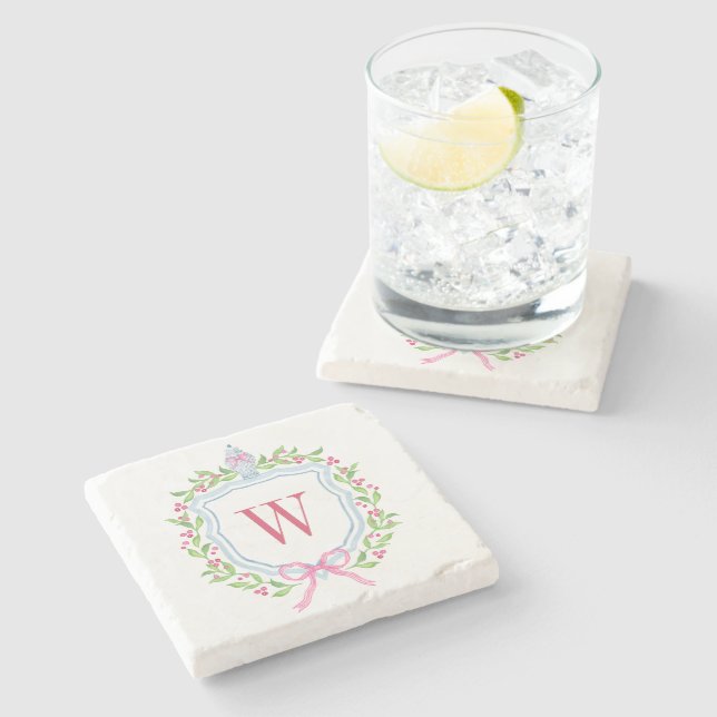 Watercolor Chinoiserie Ginger Jar Monogram Crest Stone Coaster (Side)