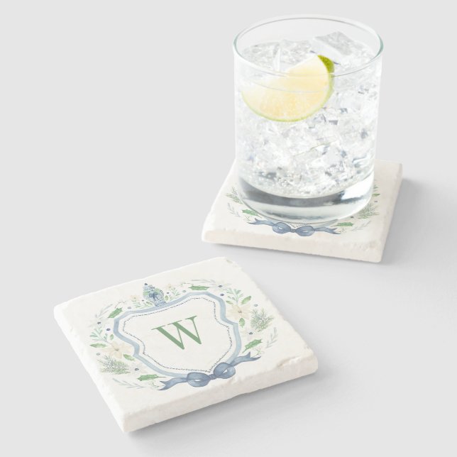 Watercolor Chinoiserie Ginger Jar Monogram Crest Stone Coaster (Side)