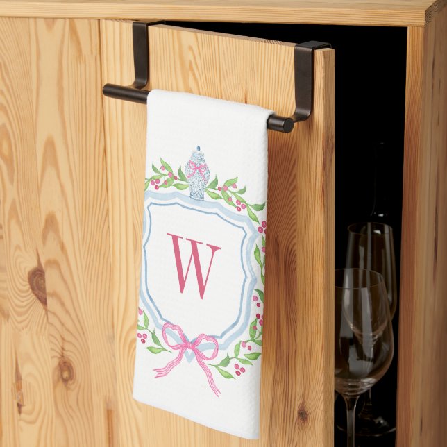 Watercolor Chinoiserie Ginger Jar Monogram Crest Tea Towel (Thirds Fold)