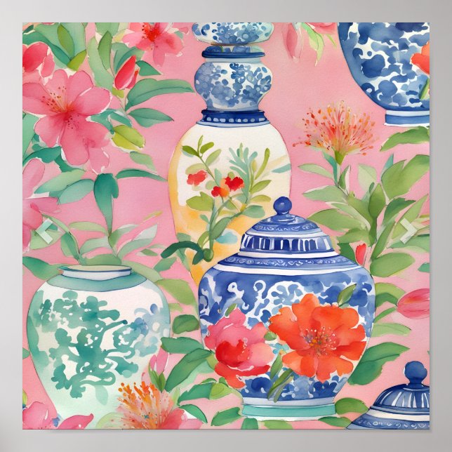 Watercolor Chinoiserie Ginger Jars & Flowers Poster (Front)