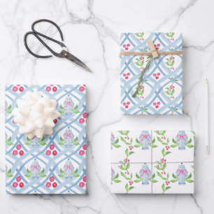 Watercolor Chinoiserie Ginger Jars & Holly Wrapping Paper Sheet