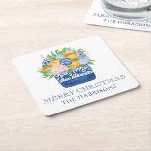 Watercolor Chinoiserie Mandarins Christmas Square Paper Coaster