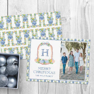 Watercolor Chinoiserie Mandarins Monogram Crest  Holiday Card