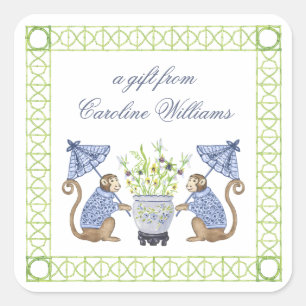 Watercolor Chinoiserie Monkeys Gift Square Sticker