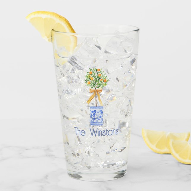 Watercolor Chinoiserie Orange Tree Topiary Glass (Front Ice)