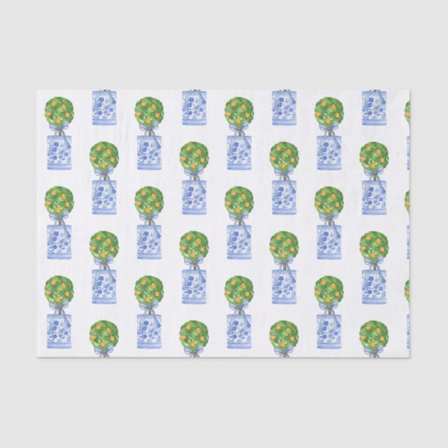 Watercolor Chinoiserie Orange Tree Topiary Tissue Paper (Front)