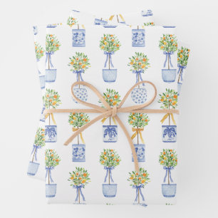 Watercolor Chinoiserie Orange Tree Topiary Wrapping Paper Sheet