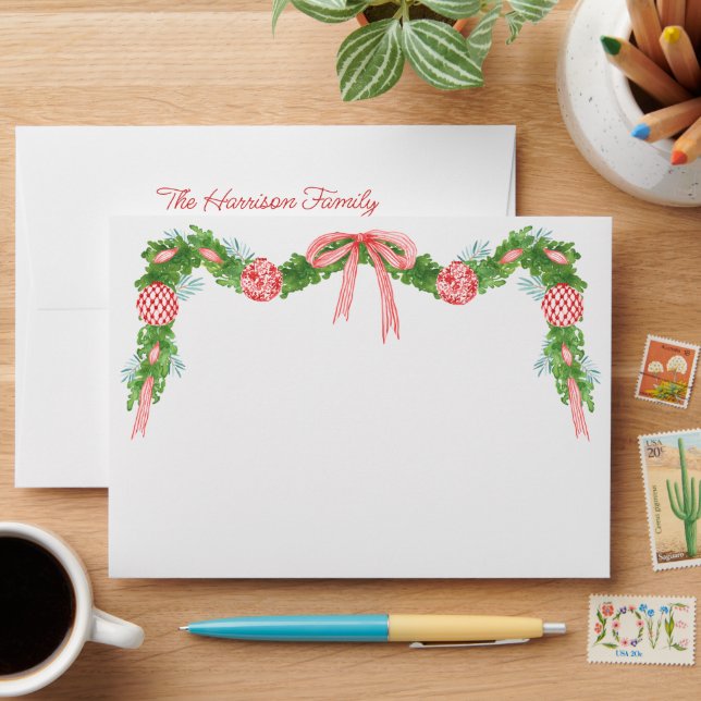 Watercolor Chinoiserie Ornaments Garland Christmas Envelope (Desk)