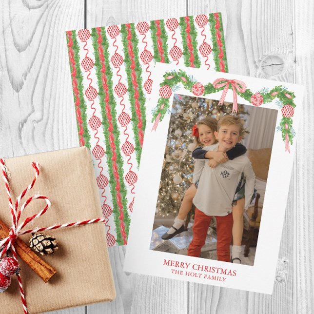 Watercolor Chinoiserie Ornaments Garland Christmas Holiday Card (Chinoiserie Christmas Red Ornaments Garland Photo Cards)