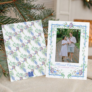 Watercolor Chinoiserie Peacock Garden Frame Photo Holiday Card