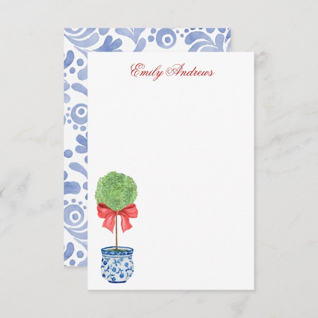 Watercolor Chinoiserie Red Bow Topiary Thank You Card (Front/Back)