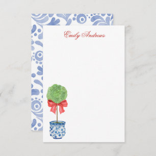 Watercolor Chinoiserie Red Bow Topiary Thank You Card