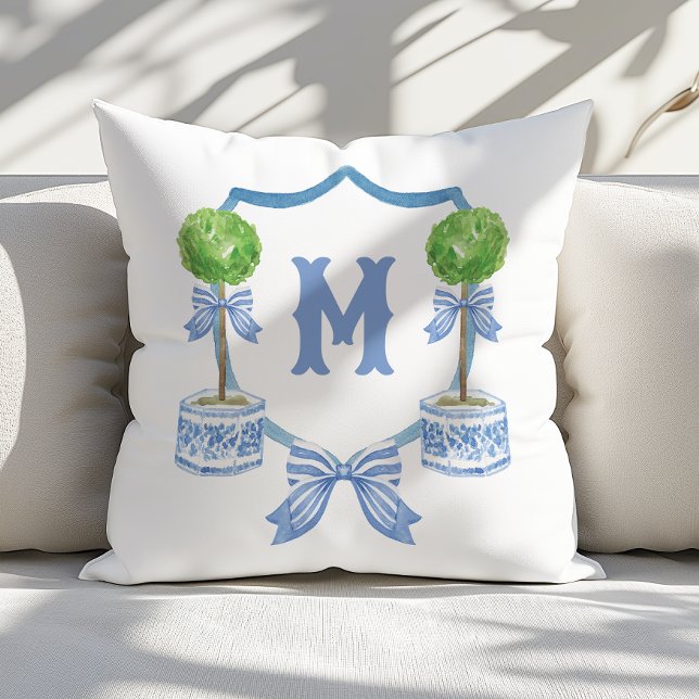 Watercolor Chinoiserie Topiary Monogram Crest Cushion (Creator Uploaded)