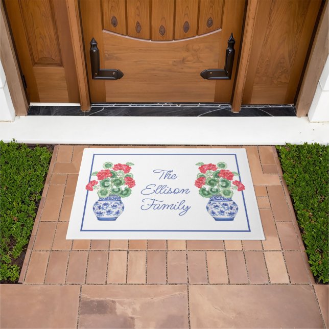 Watercolor Chinoiserie Vase of Red Geraniums Doormat (Outdoor)