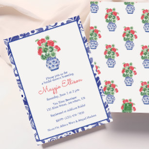 Watercolor Chinoiserie Vase of Red Geraniums Invitation