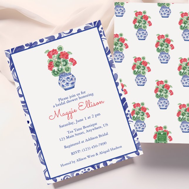 Watercolor Chinoiserie Vase of Red Geraniums Invitation (Creator Uploaded)