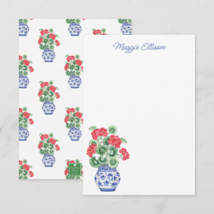 Watercolor Chinoiserie Vase of Red Geraniums Thank You Card
