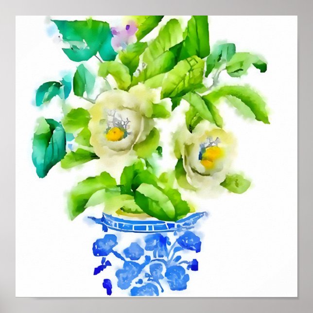 Watercolor Chinoiserie Vase with Flowers Poster (Front)