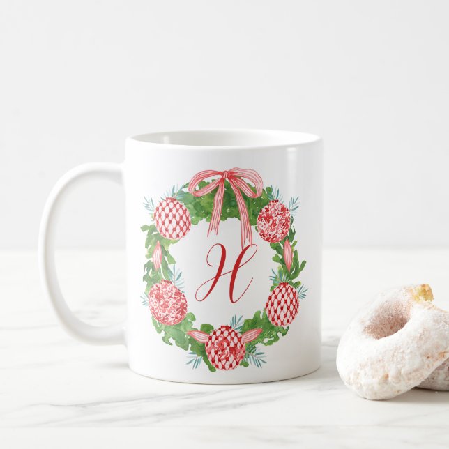 Watercolor Chinoiserie Wreath Christmas Monogram Coffee Mug (With Donut)