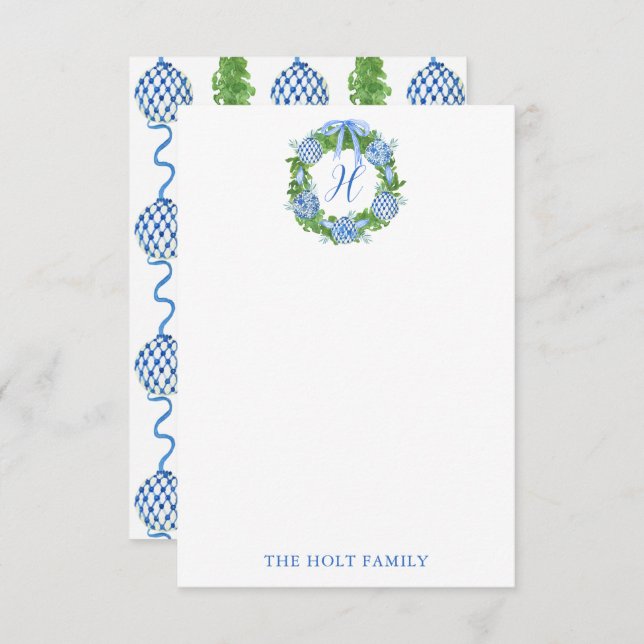 Watercolor Chinoiserie Wreath Monogram Christmas Thank You Card (Front/Back)