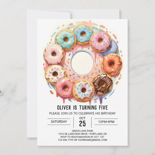 Watercolor Chocolate Doughnuts Birthday Invitation (Front)