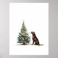 Watercolor Chocolate Labrador Christmas Poster
