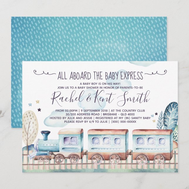 Watercolor Choo Choo Train Baby Shower Invitation (Front/Back)