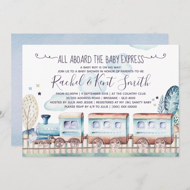 Watercolor Choo Choo Train Baby Shower Invitation (Front/Back)