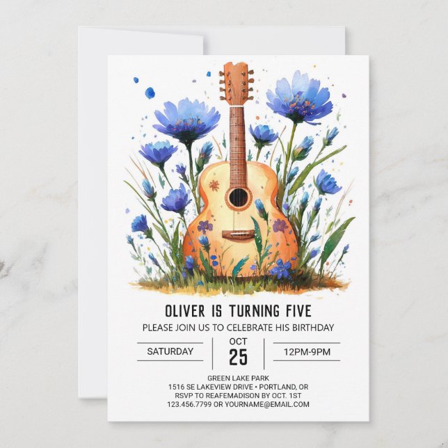 Watercolor Chord Guitar Boy Birthday  Invitation (Front)