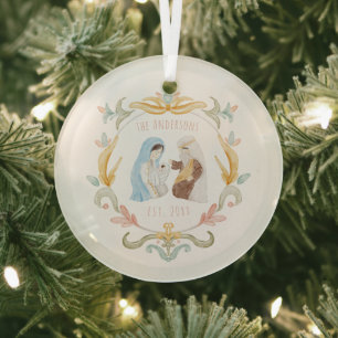 Watercolor Christian Christmas Nativity Glass Tree Decoration