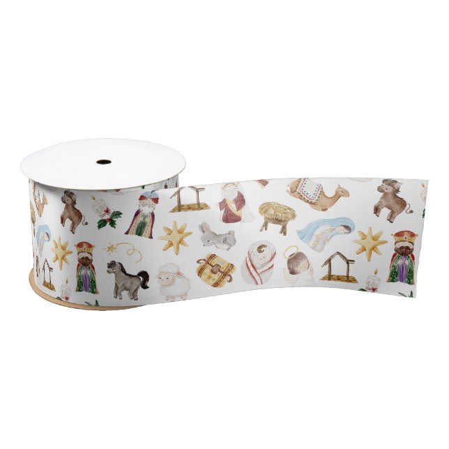 Watercolor Christian Christmas Nativity Satin Ribbon (Spool)