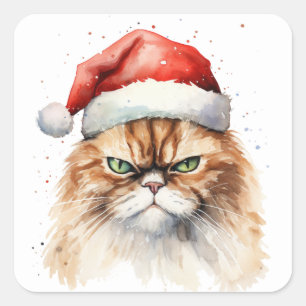 Watercolor Christmas Angry Cat Square Sticker