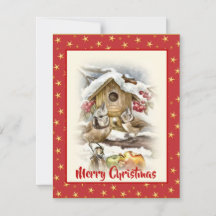 Watercolor Christmas Apple Birds Snow Berries Red