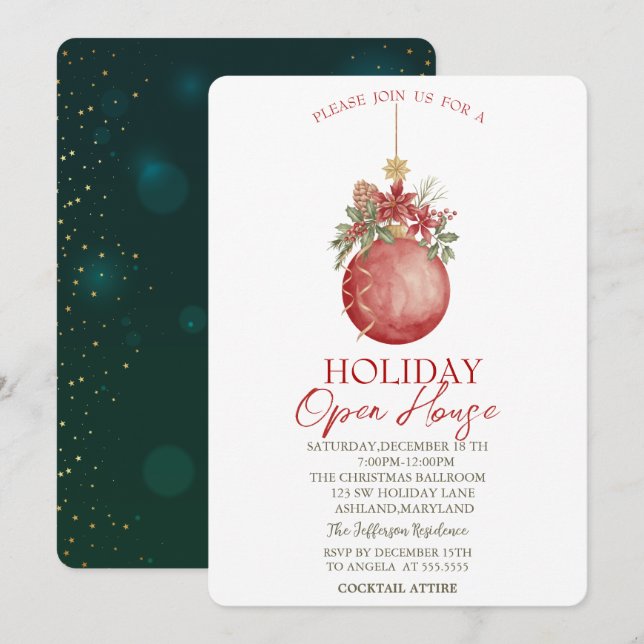 Watercolor Christmas Ball Holiday Open House   Invitation (Front/Back)